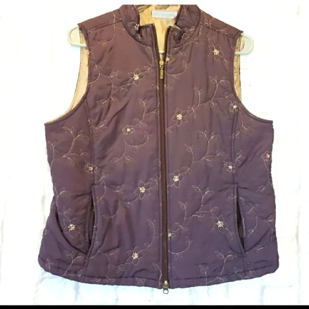 CROFT & BARROW Quilted Full-zip Floral Embroidered Vest Medium Petite
